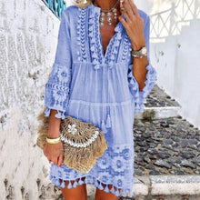 Load image into Gallery viewer, Summer Autumn Sexy V-Neck Boho Dress Tassel Hollow Out Mini Dresses Women 2019 New Bohemian Floral Printed Beach Dress Vestidos